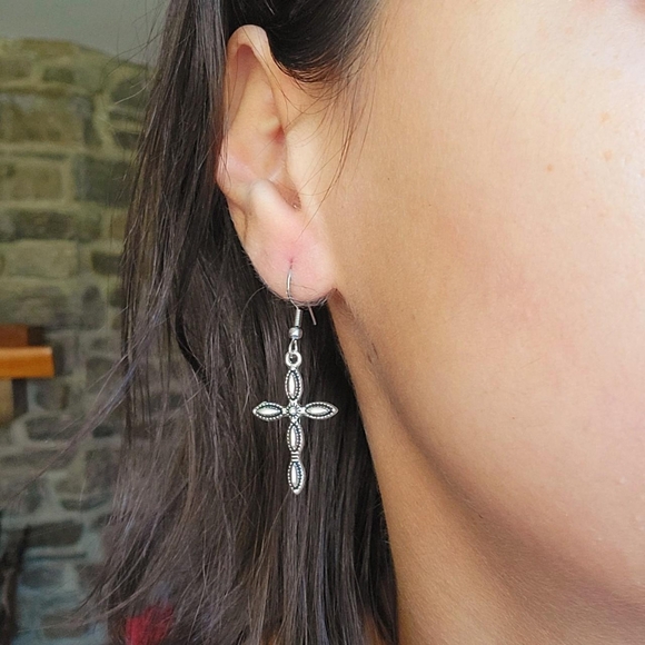 Pair of Silver Simple Classic Cross Hook Drop Earrings - Picture 1 of 8